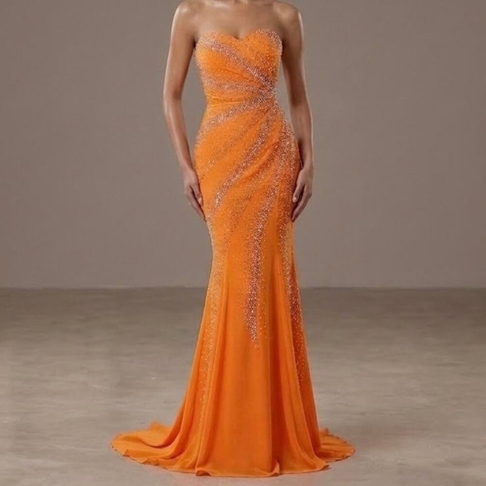 Vintage Riva Designs Orange Y2K Crystal Beaded Strapless Mermaid Formal Dress